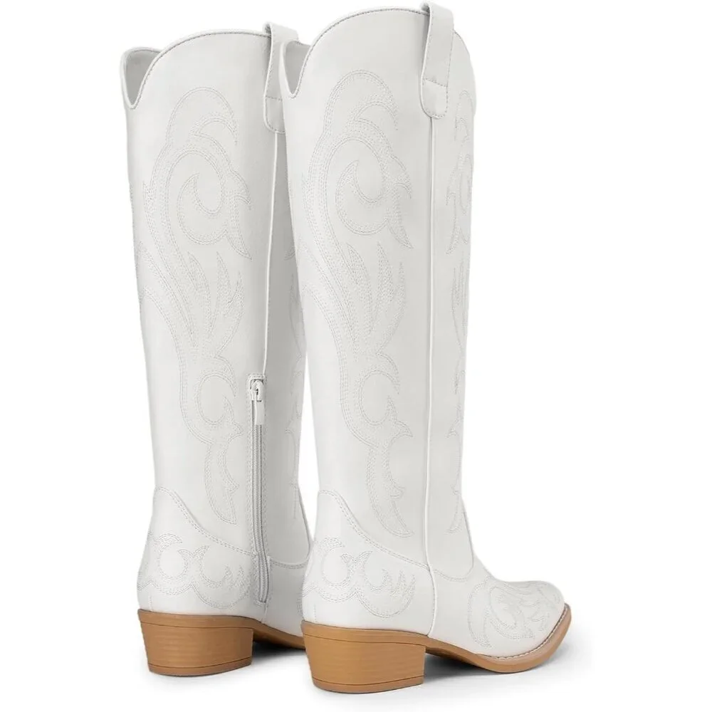 Women Faux Leather White Knee High Chunky Heel Side Zipper Embroidered Boot